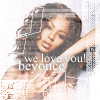 A static image of a woman with long wavy hair in a light-colored top, overlaid with pixelated text reading 'we love you! beyonce' and digital glitch effects.