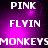 Pixelated text displays 'PINK', 'FLYIN', and 'MONKEYS' on a purple gradient background with bright light effects.