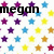 A static image with a white background covered in repeating colorful stars and multiple instances of the text "megan" in black.