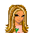Pixelated character with long brown hair and a green flower on chest, standing above of pink and yellow squares with text