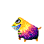 Pixelated yellow and purple creature with blue mouth, orange limbs, and black eyes; one version has a purple speech bubble containing 'ゲロ!' text.