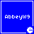 Four blue square each contain white pixelated text 'AbbeYW9' and a small white Pac-Man-like icon in the bottom-right corner