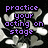 Pixelated image with purple text reading 'practice your acting on stage' and 'not me!' over a black background with white heart shapes.