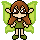 Pixel art character with brown hair, green wings, and a green dress; left view shows open eyes, right view shows closed eyes.
