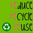 Green background with repeated text and symbols: 'reduce', 'recycle', 'reuse' in black and pink, green recycling symbols, and light blue hearts.