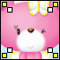Pink cartoon bear with white muzzle and brown nose, wearing yellow-trimmed blue outfit, surrounded by alternating black-and-white checkered squares on light blue background.