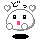 Pixelated white character with black square eyes and pink mouth, shown in four variations with heart-shaped ears and Japanese text above, on gray background.