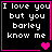 Four identical black square with pink borders display white pixelated text reading "I love you but you barley know me" and a single pink heart in the bottom-right corner of each