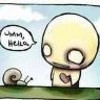 A cartoon character with a large round head and wide eyes stands on green grass under a light blue sky, next to a small snail with a brown shell.