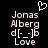 Pixelated text displays Jonas Alberg with a heart symbol above and 'd[-_ -]b Love' below on black background.