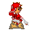 Pixel art character in red and white outfit with brown hair, standing on a stone platform against gray background.