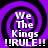 Four identical display purple and black spiral backgrounds with white text reading "We The Kings !!RULE!!" in a pixelated font