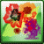 Pixelated floral arrangement with red, orange, and purple flowers on a green background, framed by a dark green border.