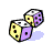 Pixelated image of two dice with yellow and purple faces, black dots on white sections, and a light blue shadow on gray background.