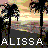 Pixelated beach scene with silhouetted trees, sunset sky, and water reflection beneath white text reading ALISSA.