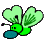 Pixelated green insect-like creature with heart-shaped wings and blue circular feet, shown in two poses against gray background.