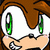 Pixelated cartoon character face with brown hair, green eyes, and a smiling expression; one version includes cyan text overlay.