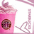 A pink cup with whipped cream and a cherry, featuring a circular logo on the front.