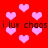 Red background with scattered pink hearts and repeated black text reading 'i luv choos' in two horizontal bands.