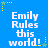 Blue background with white pixelated text "Emily Rules this world!" repeated in a , surrounded by yellow and green star-shaped pixel decorations