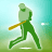 Pixelated green figure in baseball stance holding yellow bat, standing on white base with light blue and green gradient background.