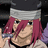 Pixelated anime-style character with magenta hair, silver headband, and black top holding a metallic object near the face.