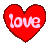 Six red heart-shaped icons arranged in two on a gray background, some displaying the word 'love' in white text with varying opacity and positioning