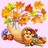 Pixelated image of a character with brown hair and orange clothing lying on the ground beneath autumn-colored trees against a light pink background.