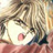 Anime-style character with light brown hair, closed eyes, and a pink nose on a white face, wearing a dark blue garment against a blurred background.