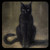 Static image of a black cat sitting upright with tail curled left, against muted brown and beige background.