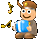 Pixelated character with brown hair and horns plays blue accordion, surrounded by floating musical notes in two animation states.