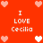 Red background with white and pink pixelated hearts surrounding repeated text "I LOVE Cecilia" in white block letters.
