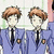 Two identical anime-style characters in blue suits with black ties and orange lapel pins stand side-by-side against a -patterned background
