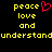 Yellow pixelated text on black background with red heart symbol replacing 'peace' in left section.