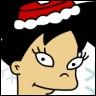 Cartoon character with light skin, black hair, and a red Santa hat with white trim, shown in close-up with a slight smirk.