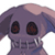 Pixelated purple cartoon character with large black eyes, pinkish top head section, and visible skeletal jaw structure against a white background.