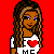 Pixelated cartoon figure with long brown braided hair wearing white top with red heart and blue jeans, standing against red background with text "I Love Me".