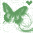 Green butterfly and heart pixel art pattern on white background with subtle dot texture.