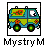 Pixel art icon of a blue and yellow van with floral decorations inside a black border, below which is pixelated text reading "Mysrty M".