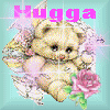 A light blue background features a teddy bear with pink roses and white flowers, surrounded by sparkles.