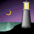 Pixelated lighthouse scene with purple sky, yellow crescent moon, and teal water; light beam alternates between off and on states.