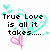 Pixelated graphic with black text reading 'True Love is all it takes...' surrounded by cyan and pink heart shapes on a white background.