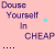 A pink background displays repeated text "Douse Yourself In CHEAP" with small star icons, transitioning to include "Perfume" in the lower-right corner.