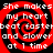 Red and black spiral background with white text repeating 'She makes my heart beat faster and slower at 1 time' in four quadrants.