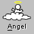 Pixelated angel figure with yellow halo sits on white cloud, text 'Angel' below; background shifts from solid gray to snow-like dots across frames.
