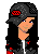 Pixel art character with long dark hair and red accents on clothing, displayed alongside multiple black-and-red text reading "Name is Request"