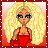 Pixel art contact sheet showing two frames of an animated icon: a blonde character in red attire on the left and stylized text on the right, all within a red border with white dots.