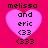 Four identical pixelated heart-shaped icons with pink fill on red background, each containing text 'melissa and eric <33 <333' in black pixel font.