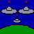 Pixel art showing UFOs descending on green hills, yellow beams, and figures in purple shirts with cyan pants under a blue sky