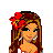 Animated contact sheet of a pixel-art baby girl character with red flower hair accessory, white top, red shorts, and red purse across multiple frames showing partial body views and text variations.